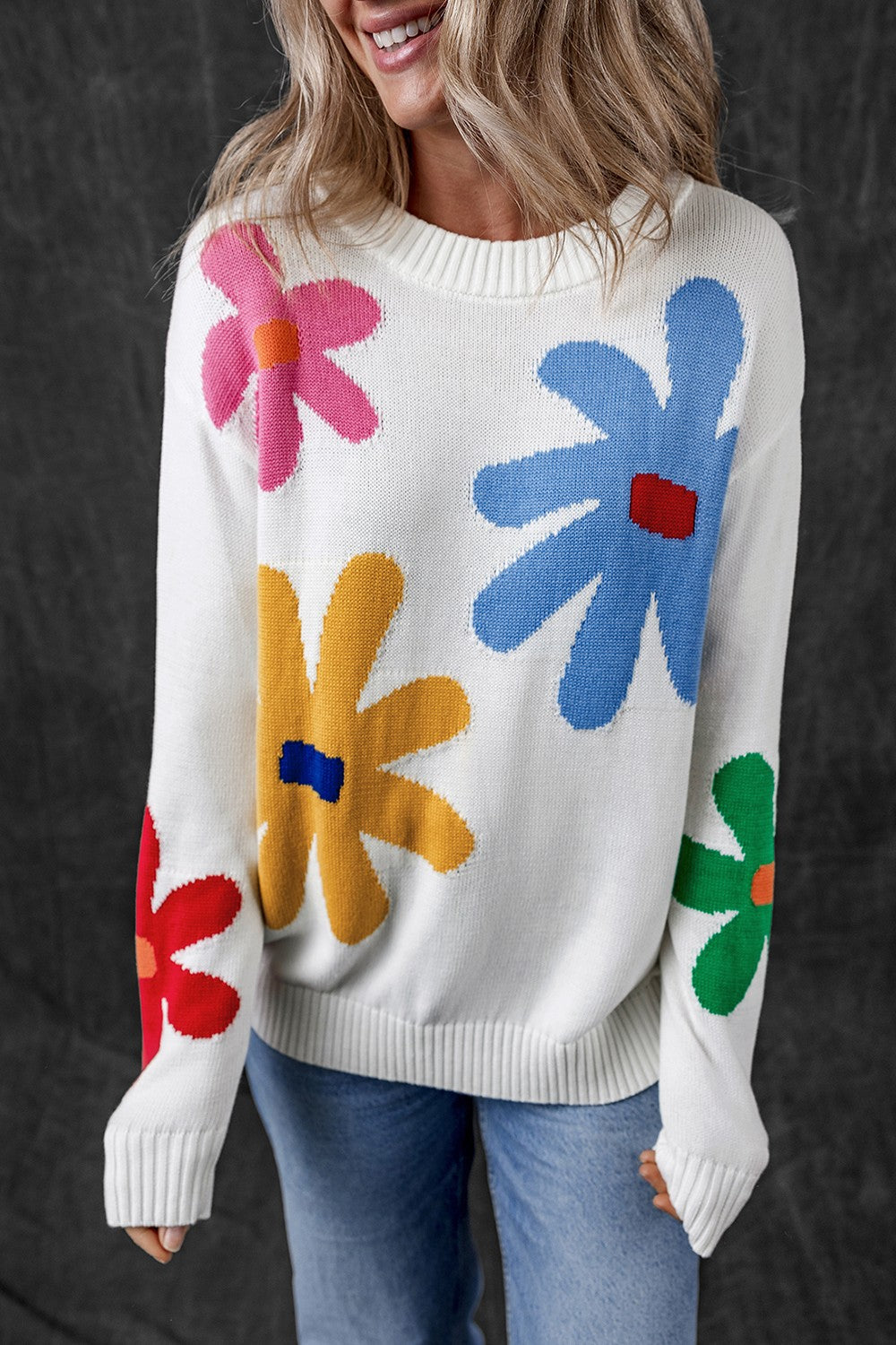 Flower Round Neck Dropped Shoulder Sweater