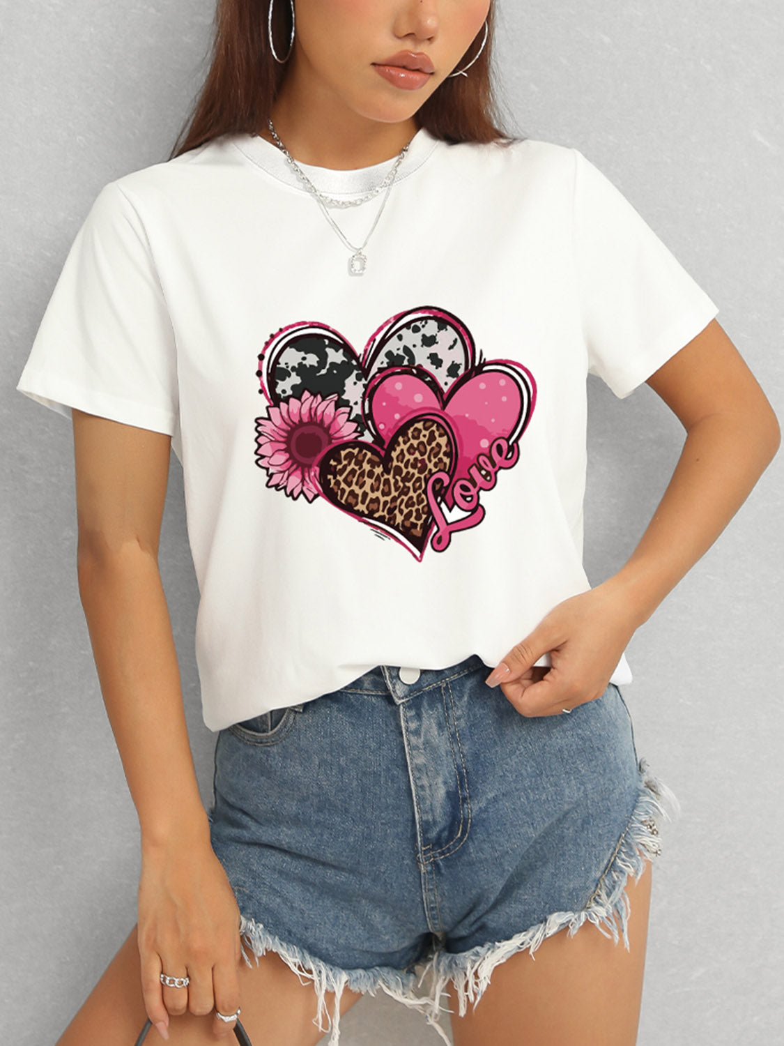 Heart Round Neck Short Sleeve T-Shirt