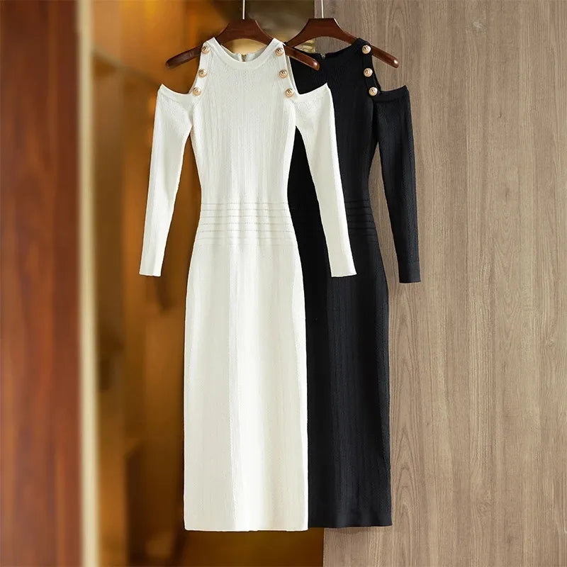 Elegant Off-Shoulder Black & White Long Knitted Nice Skinny Sheath Dress