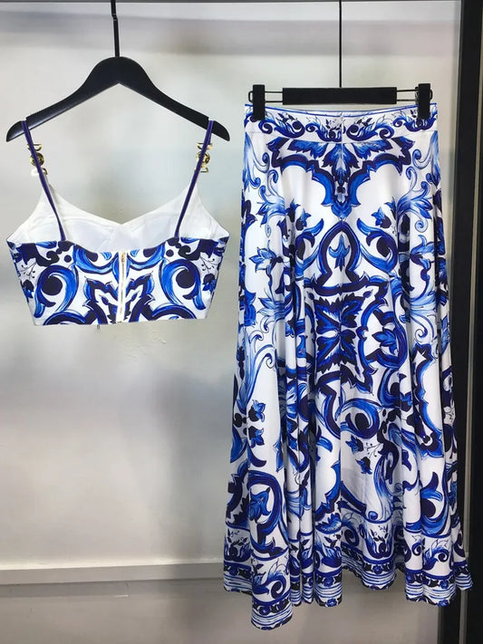 Blue And White Porcelain Two Piece Set Women's Spaghetti Strap