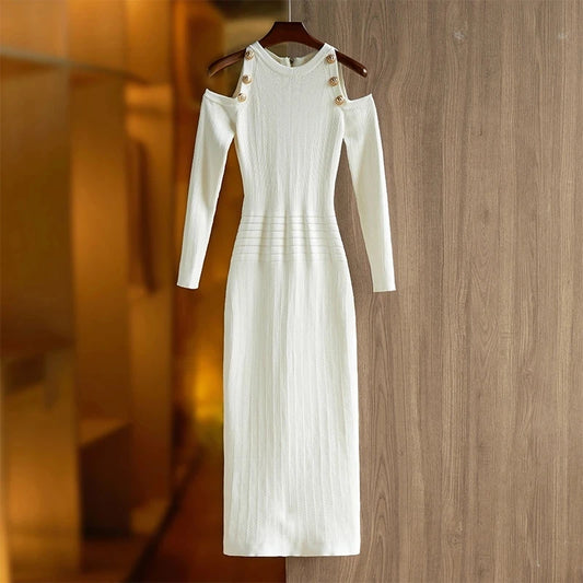 Elegant Off-Shoulder Black & White Long Knitted Nice Skinny Sheath Dress