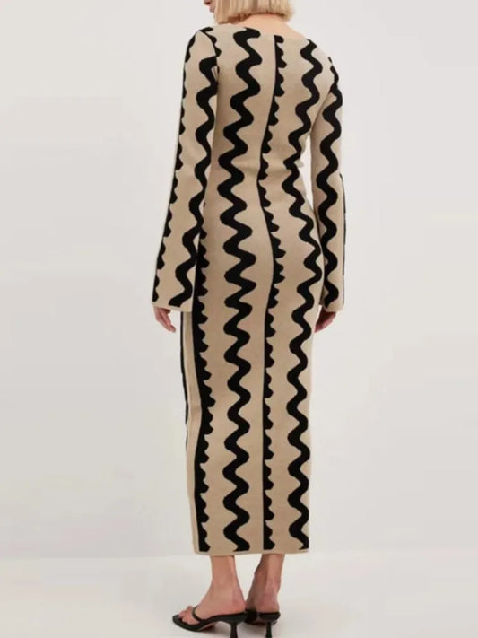 Striped Knitted Maxi Dress Elegant O-neck Flare Long Sleeve Bodycon Dress