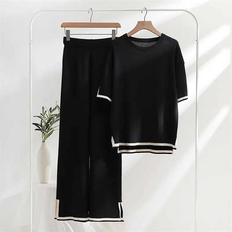 Two Piece Set  Pants Knitted Short Sleeve