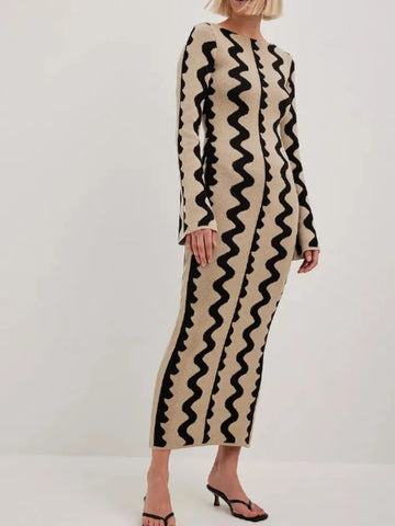 Striped Knitted Maxi Dress Elegant O-neck Flare Long Sleeve Bodycon Dress