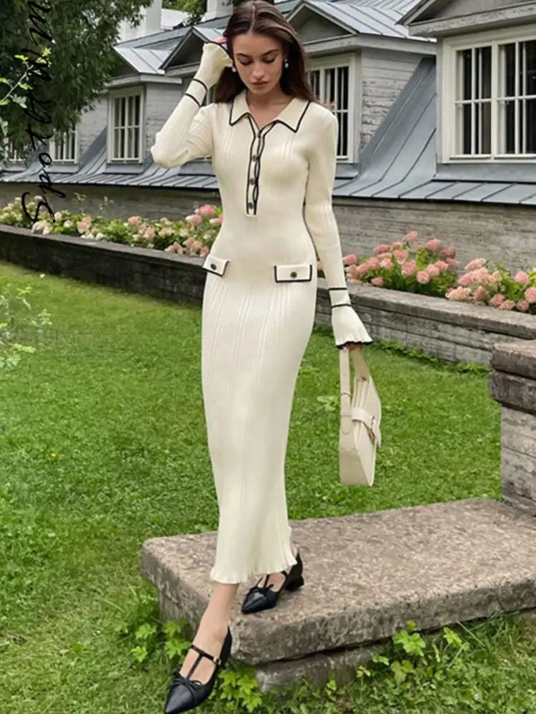 Women Lapel Single Breaster Long Sleeve Slim Dresses.