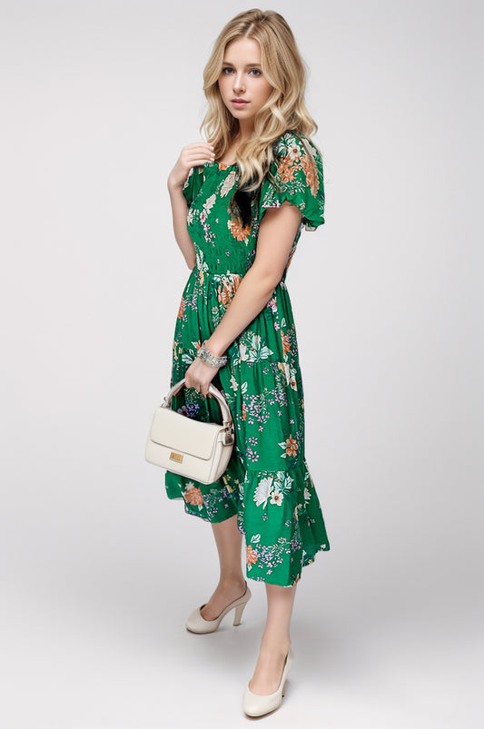 Smocked Printed Puff Sleeve Midi Dress