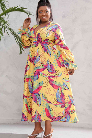 Plus Size Printed Flounce Sleeve Maxi Dress