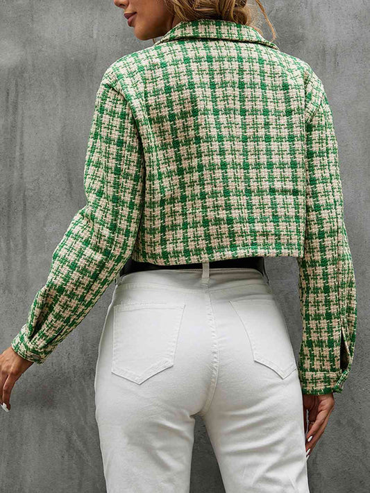 Plaid Button Up Collared Neck Long Sleeve Jacket