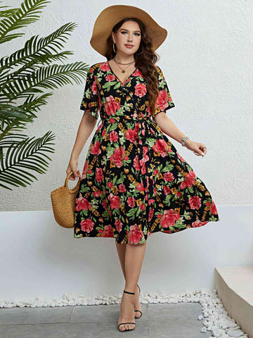 Plus Size Floral Tie Belt Surplice Dress